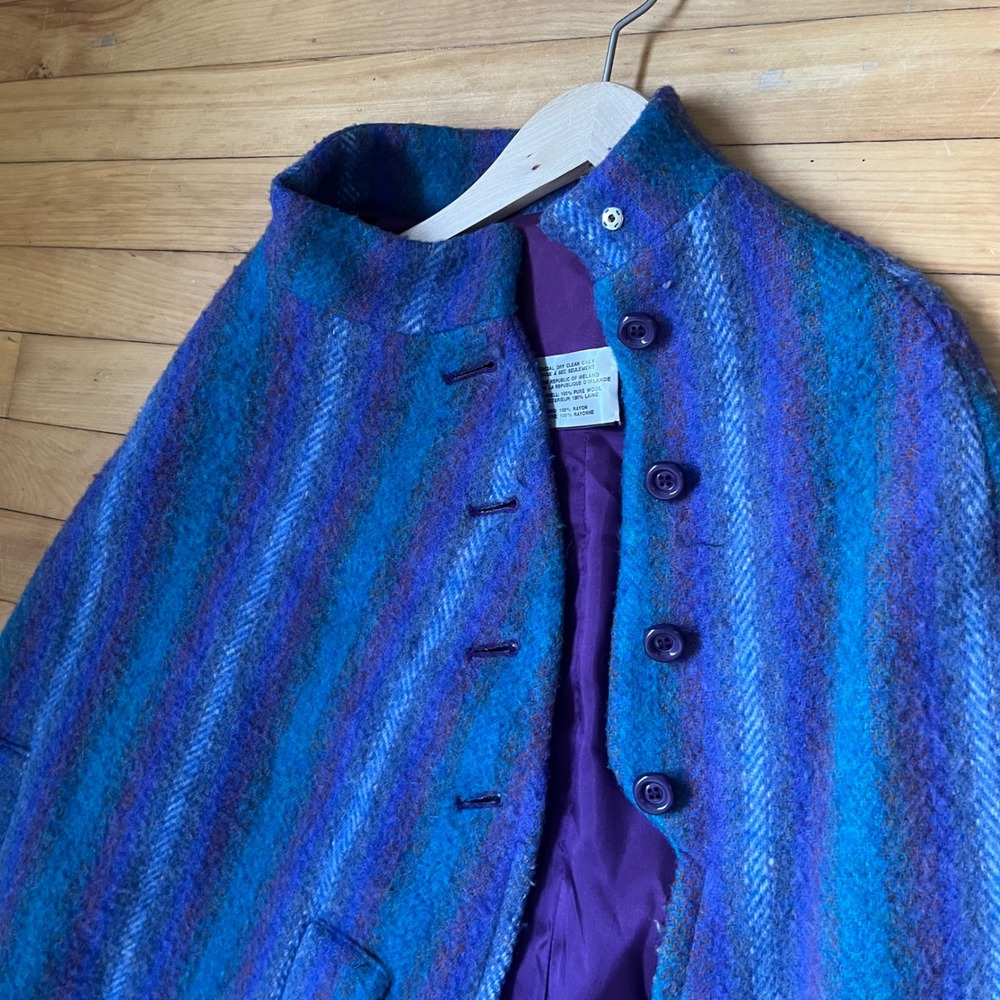 Vintage Hourihan Irish Pure Wool Striped Cape Blue Purple Button Made in Ireland - Picture 5 of 13
